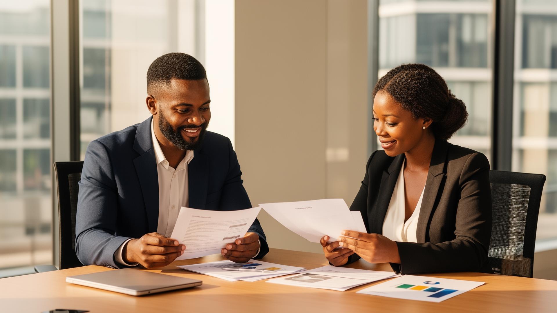 Business owner and funding specialist reviewing documents together in a modern South African office